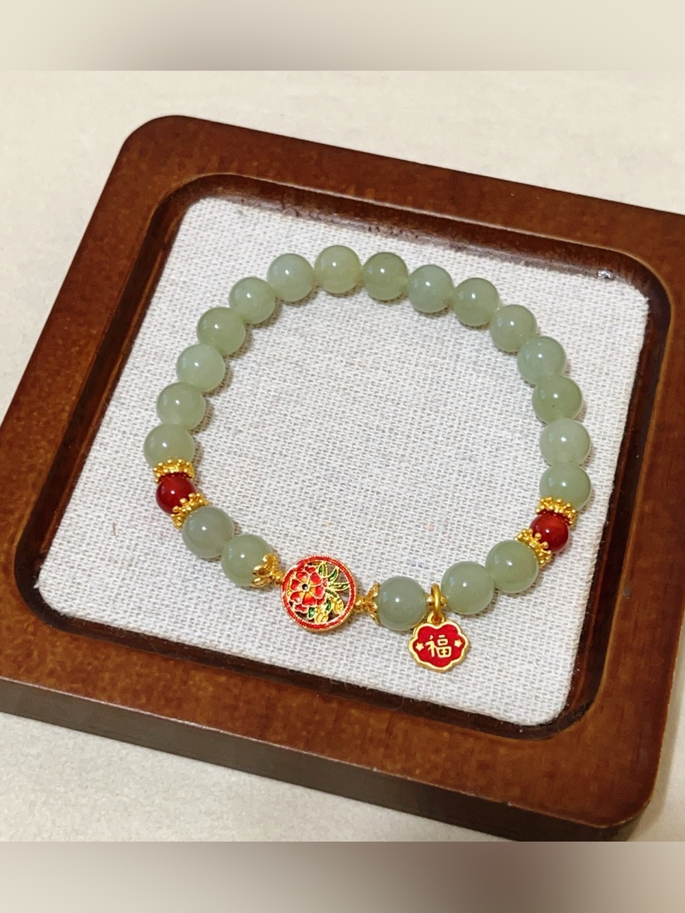 Natural Hetian Jade bead Bracelet with Double-Sided Enamel Flower Charm|Handmade